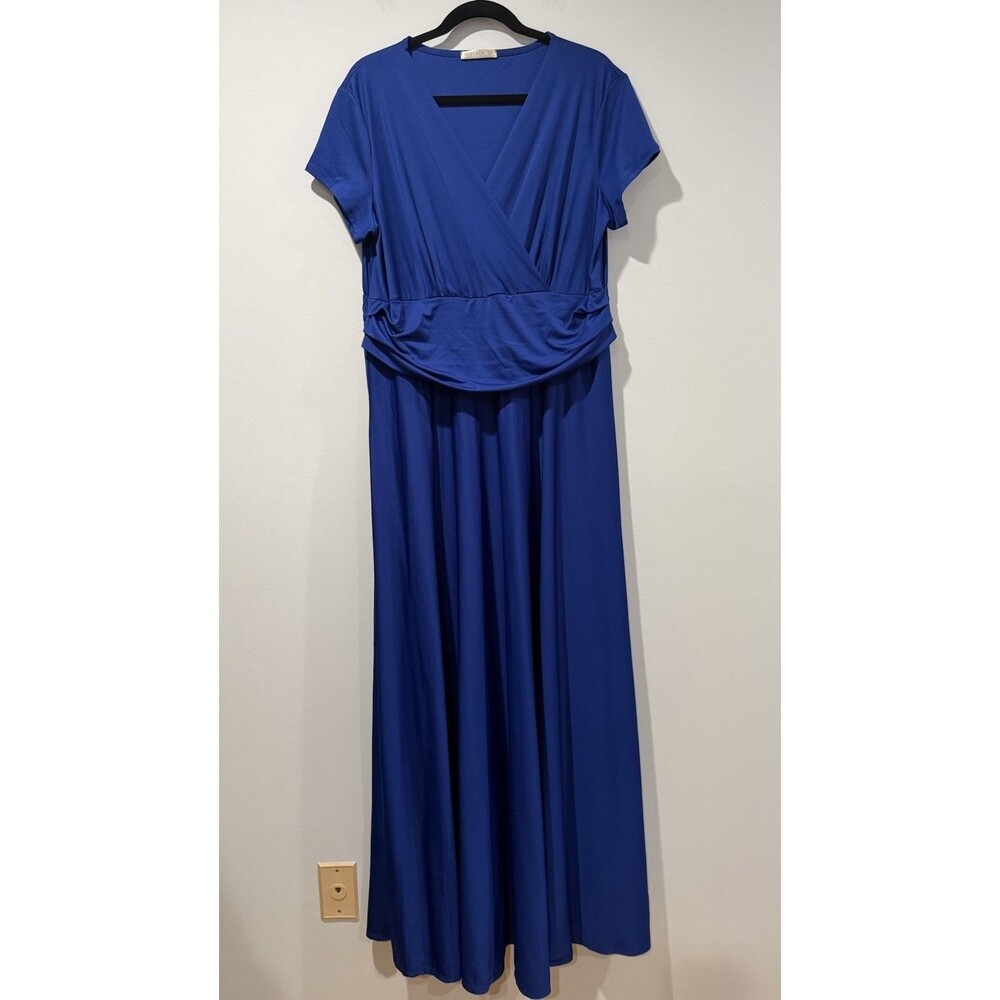 Koh Koh Maxi Dress Womens 2X Blue Stretch Travel Vacation Wedding Preppy Minimal
